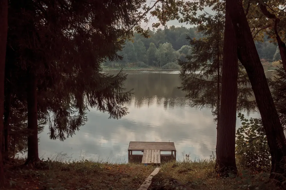 View across a lake past a narrow wooden platform on a cloudy day. Landscape photography in the woodlands.