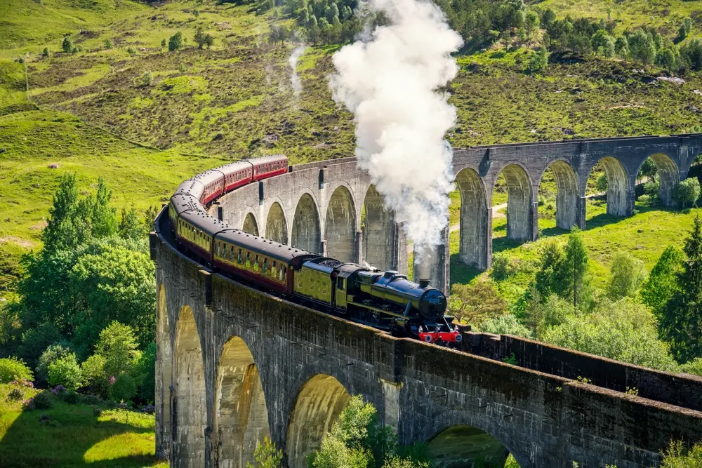 Landscape photography, steam train riding over viaduct against forested backdrop of blooming scenery.