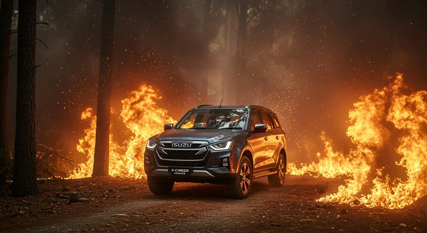 AI-generated photograph of an ISUZU SUV driving through a burning forest. An example of how misleading commercial photography in advertising can showcase a lack of authenticity.