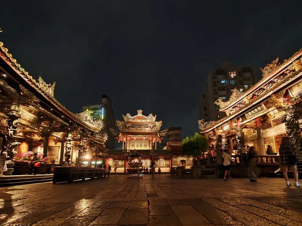 Nighttime low-light view of a temple.