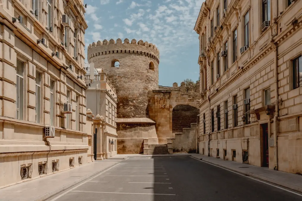 urban street photography of historical stone buildings.