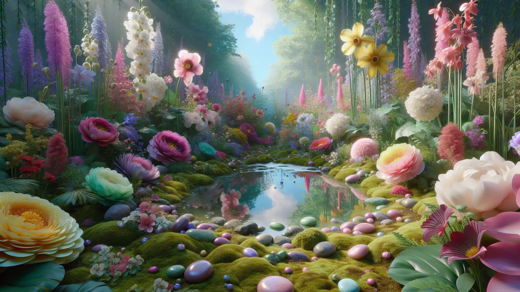Colorful AI-generated fantasy garden.