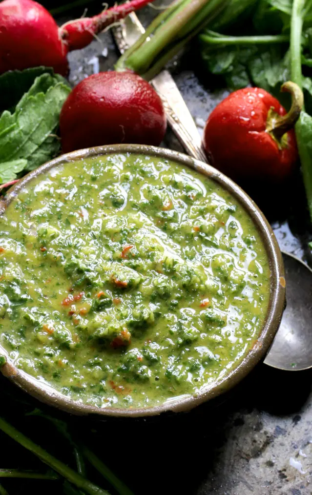 Bowl of fresh chimichurri surrounded by ingredients.