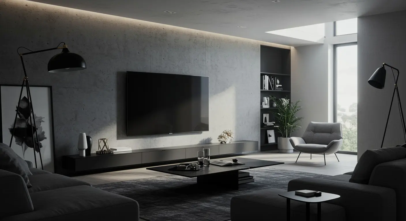 Design of interior living room area created using AI imagery. Modern interior architecture photography.