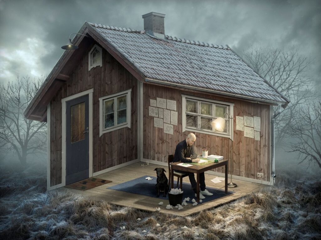 A surreal image of an interior of a cabin shown on the exterior by Erik Johansson.