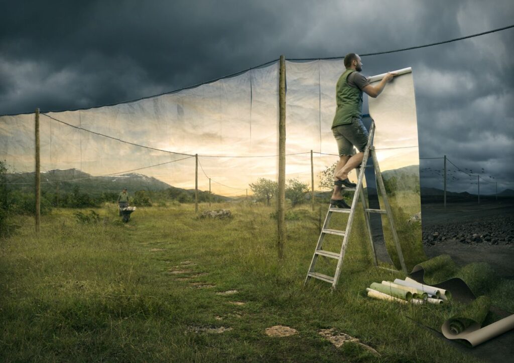 A surreal image of someone pulling a scene across the frame by Erik Johansson.