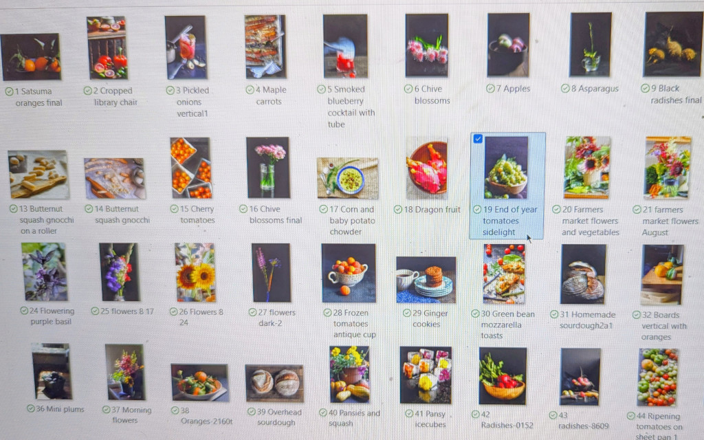 a computer screen displaying a grid of food photography thumbnails being organized into a portfolio.