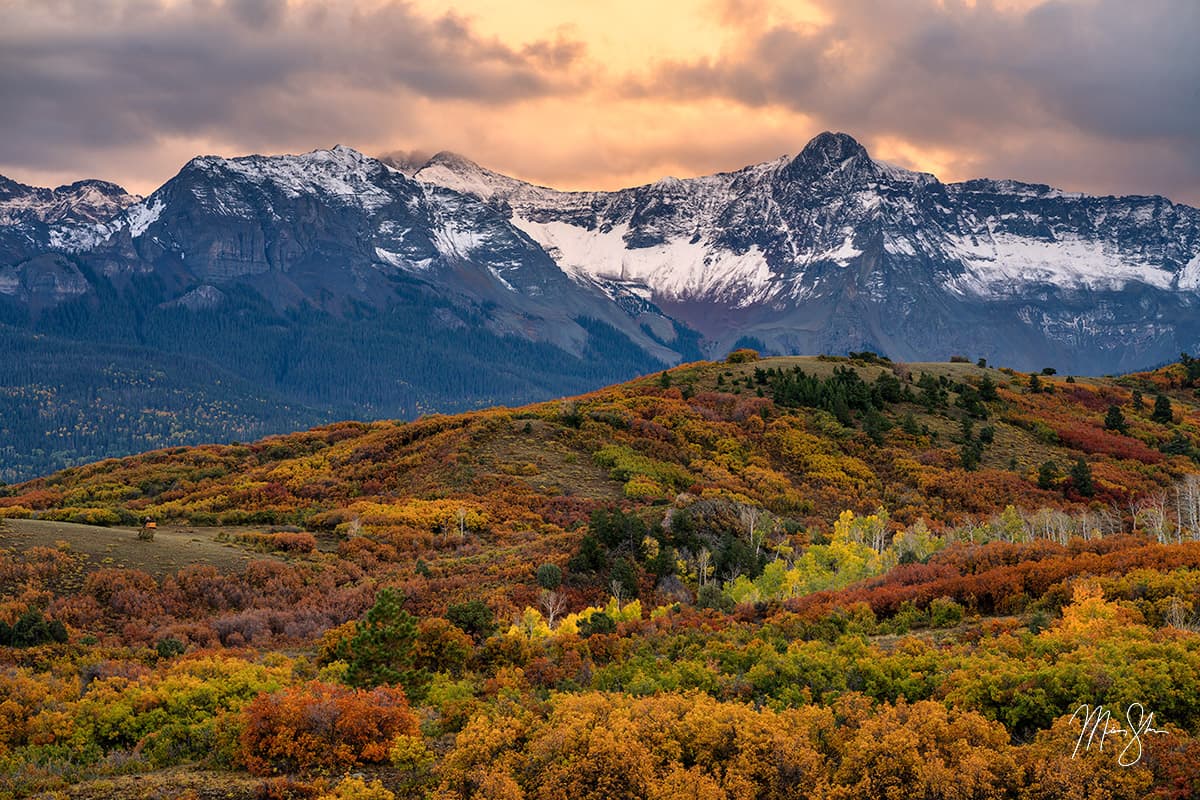 Autumn colors covering the hills below the snow-dusted peaks of the Dallas Divide in Colorado.