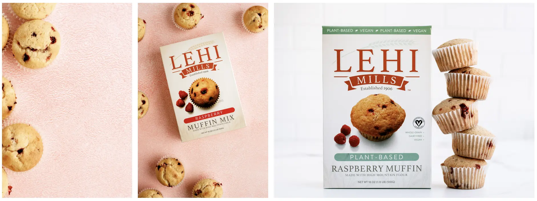 Three commercial food photography images demonstrating a product-centered composition with space for text and clearly visible packaging.
