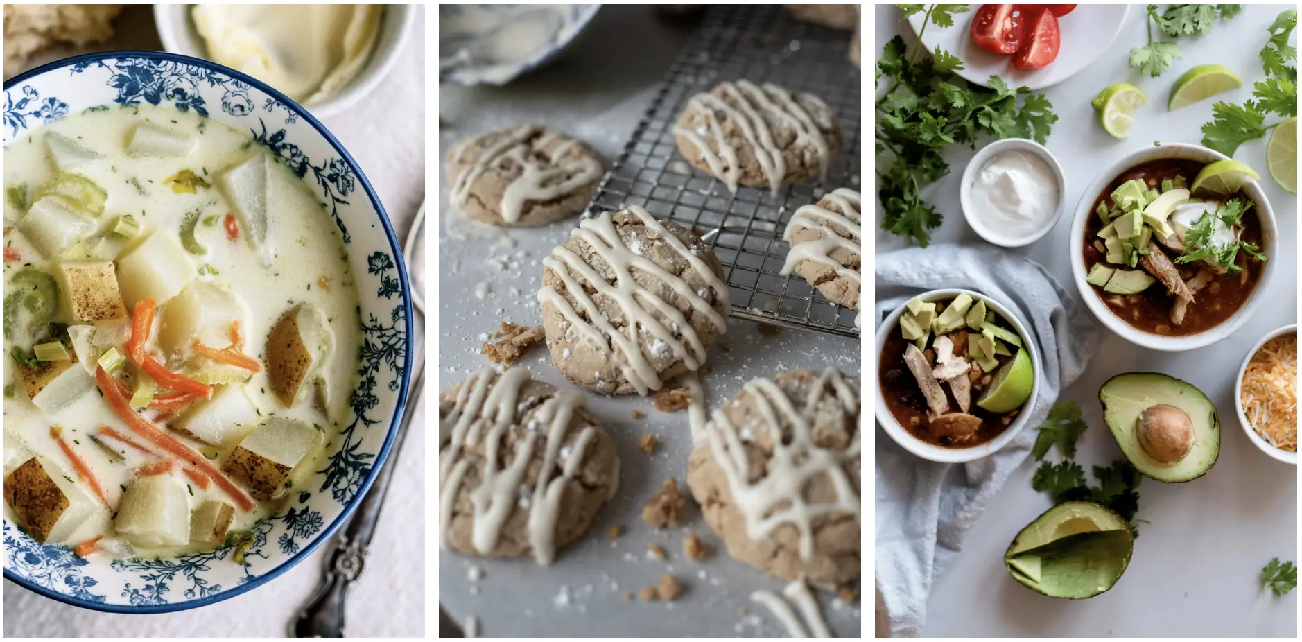 portfolio examples showing a styled soup, glazed cookies on a cooling rack, and a flat lay meal with fresh ingredients.
