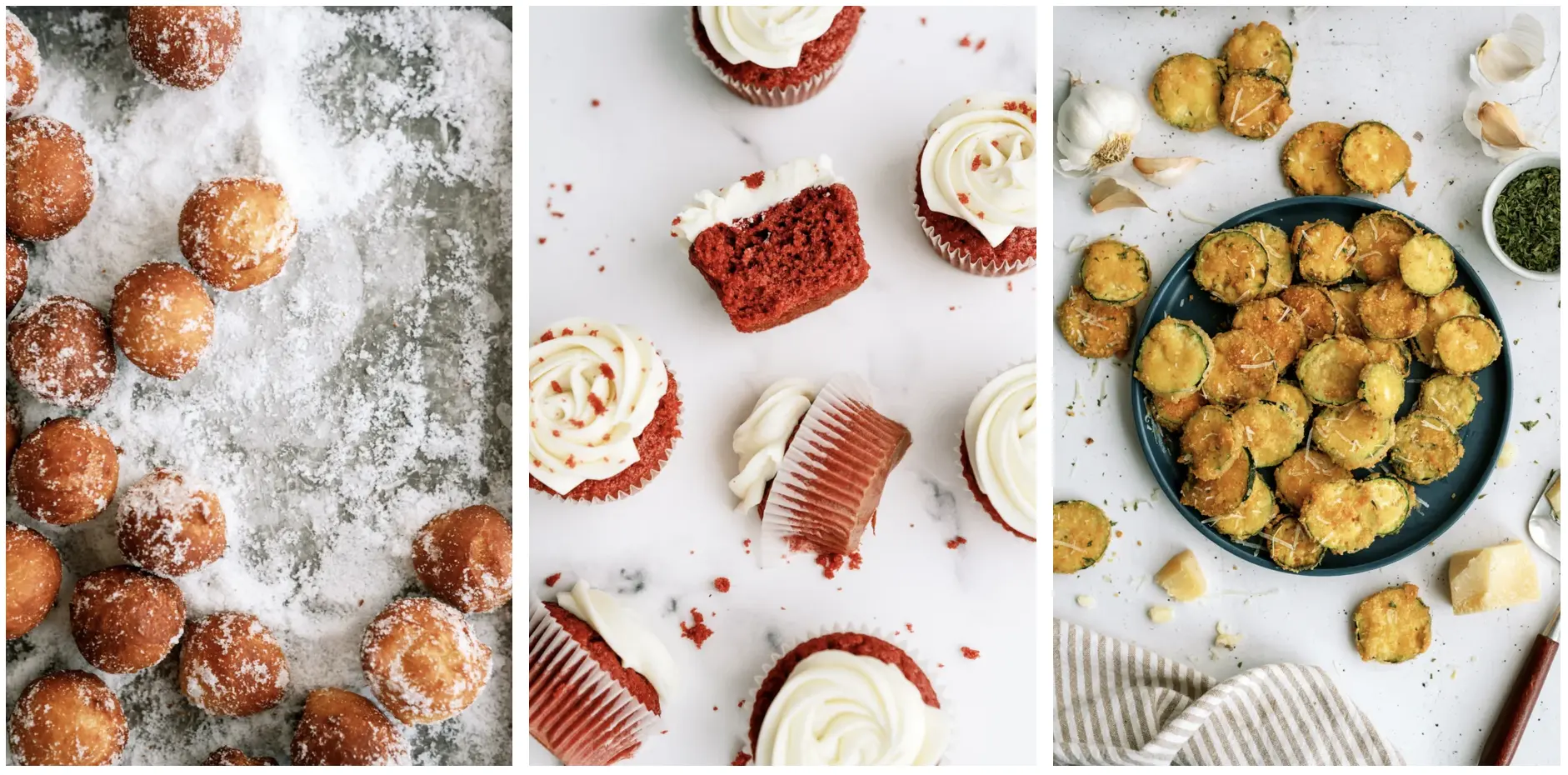 Three examples showing donut holes dusted with sugar, red velvet cakes with crumbs, and fried zucchini finished with Parmesan.