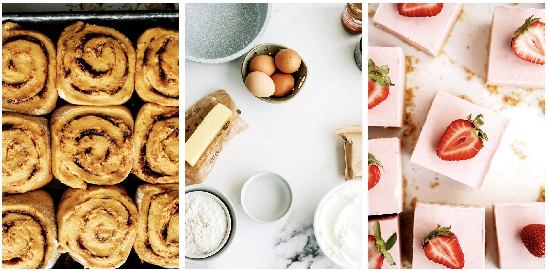 Three overhead photographs showing cinnamon rolls in a pan, baking ingredients arranged on a table, and sliced strawberry dessert bars laid out in a clean flat lay.