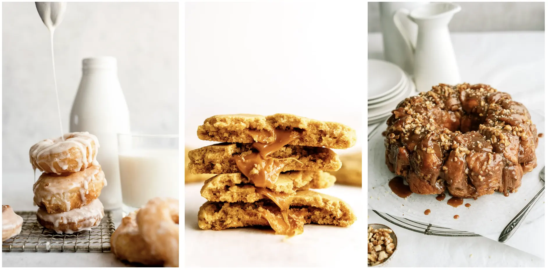 Three straight-on photographs showing stacked donuts with glaze, caramel-filled cookies, and a pull-apart cake drizzled with caramel.