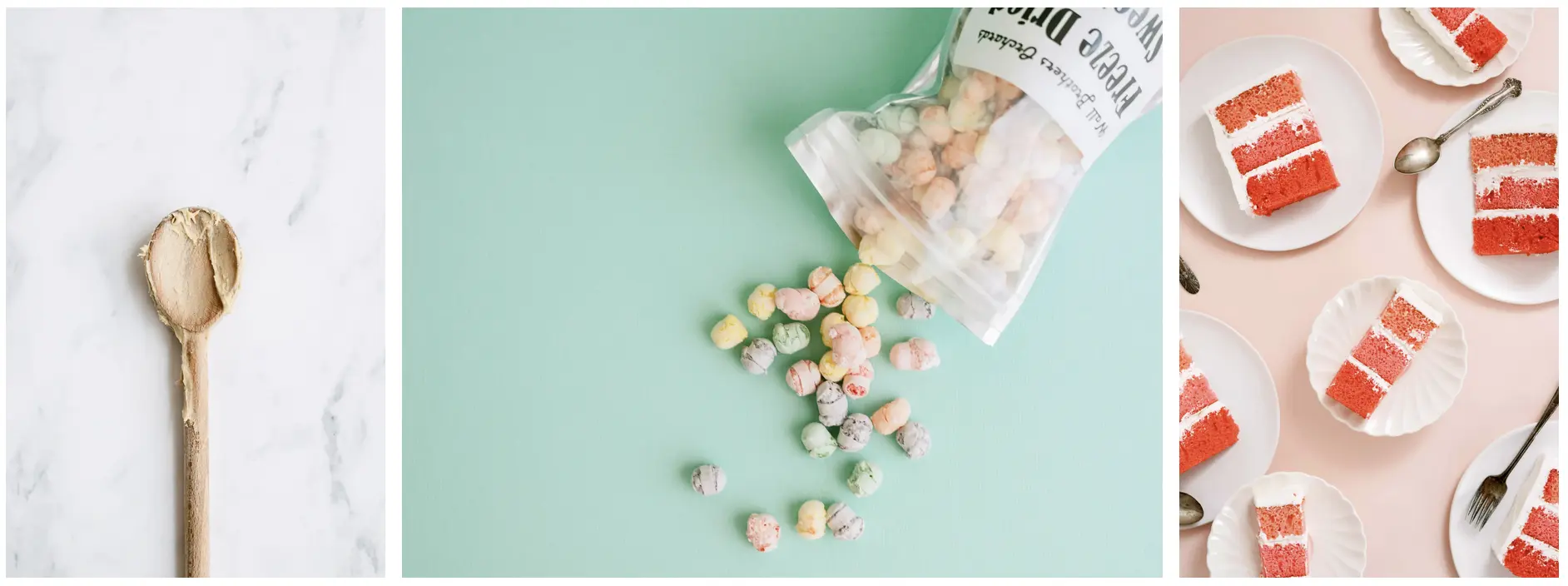 Three photography surface examples showing marble, a pastel painted board, and a soft neutral backdrop used for overhead styling.