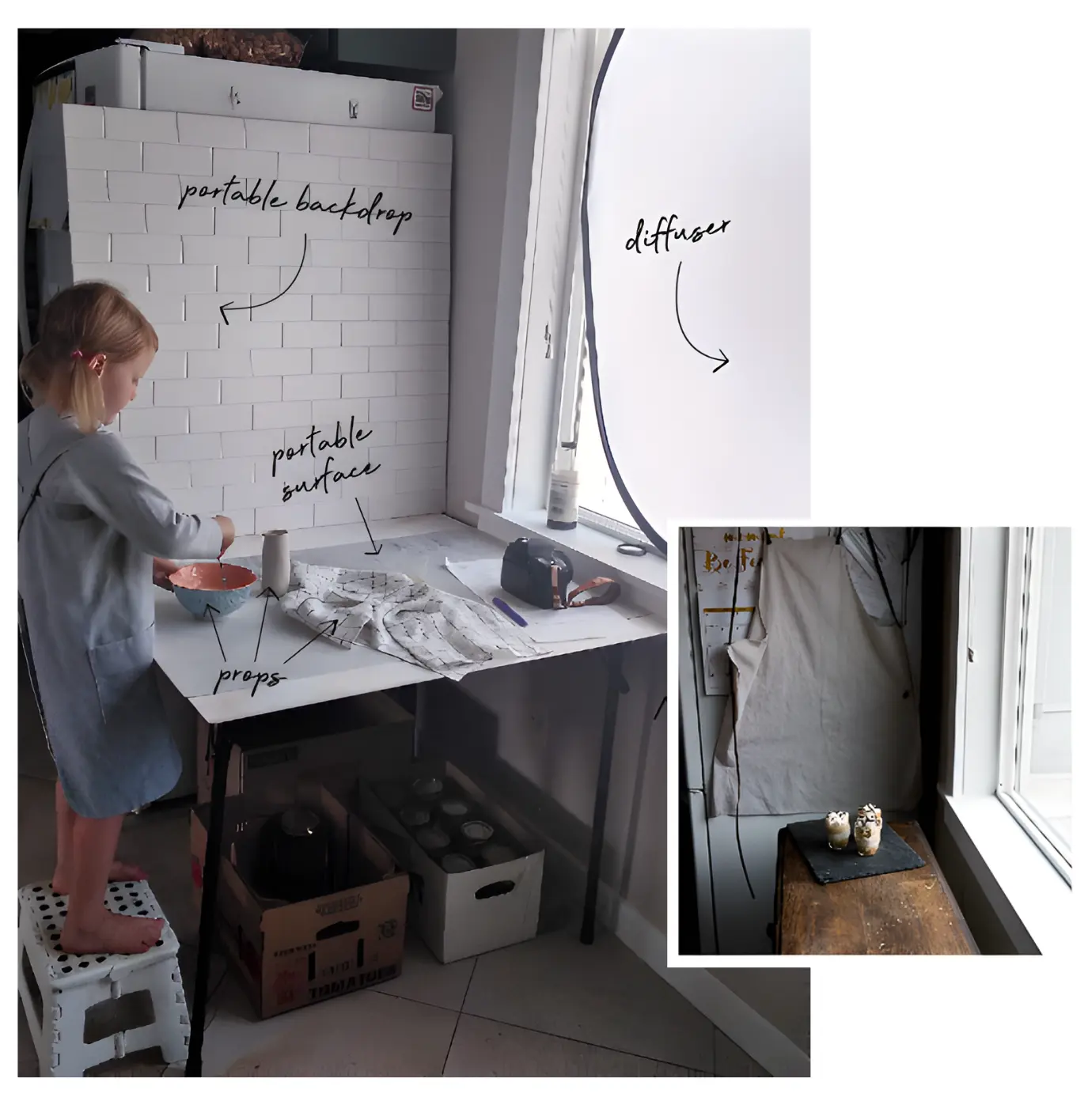 Basic food photography setup by a window showing a portable table, backdrop, diffuser, and props arranged for natural light shooting.