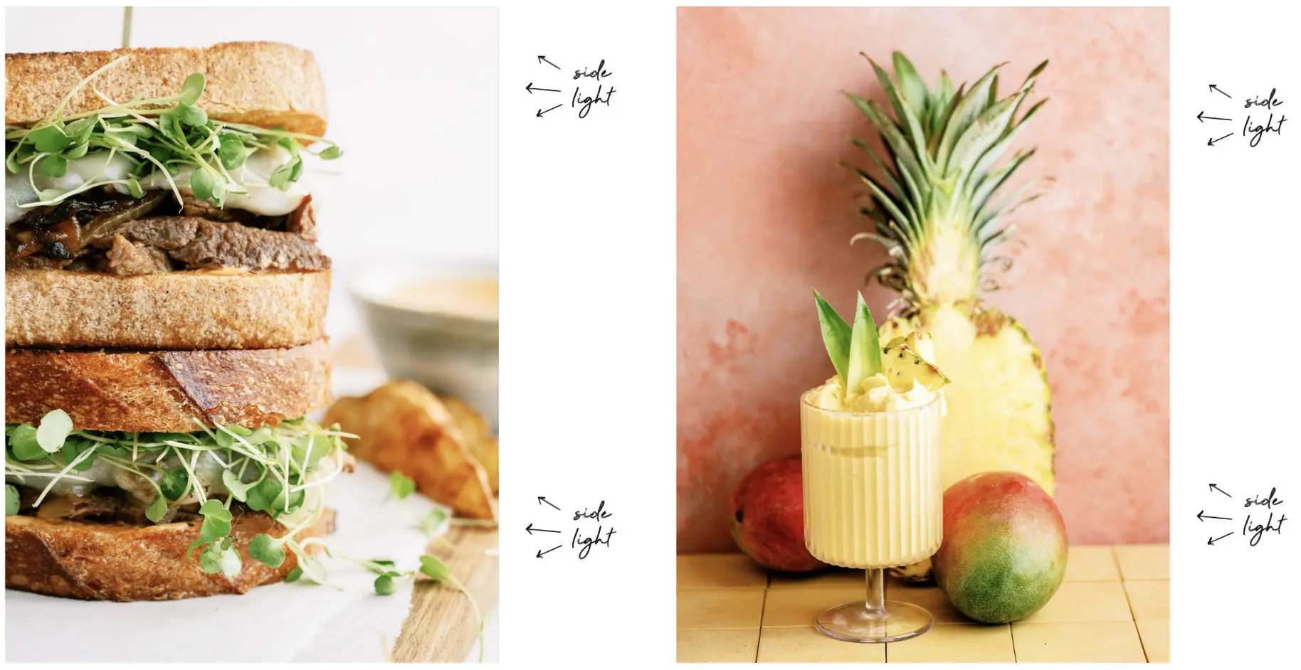 Two food photography examples lit from the side, demonstrating consistent natural light without mixed overhead lighting.