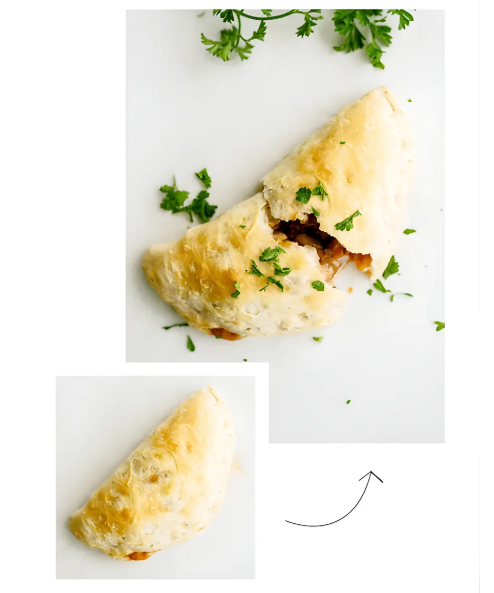 Before-and-after photography example of a pizza pocket, showing how opening the pastry and adding parsley improves visual interest.