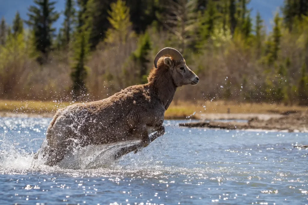 An image of a ram running through the water by Jillian Brown.
