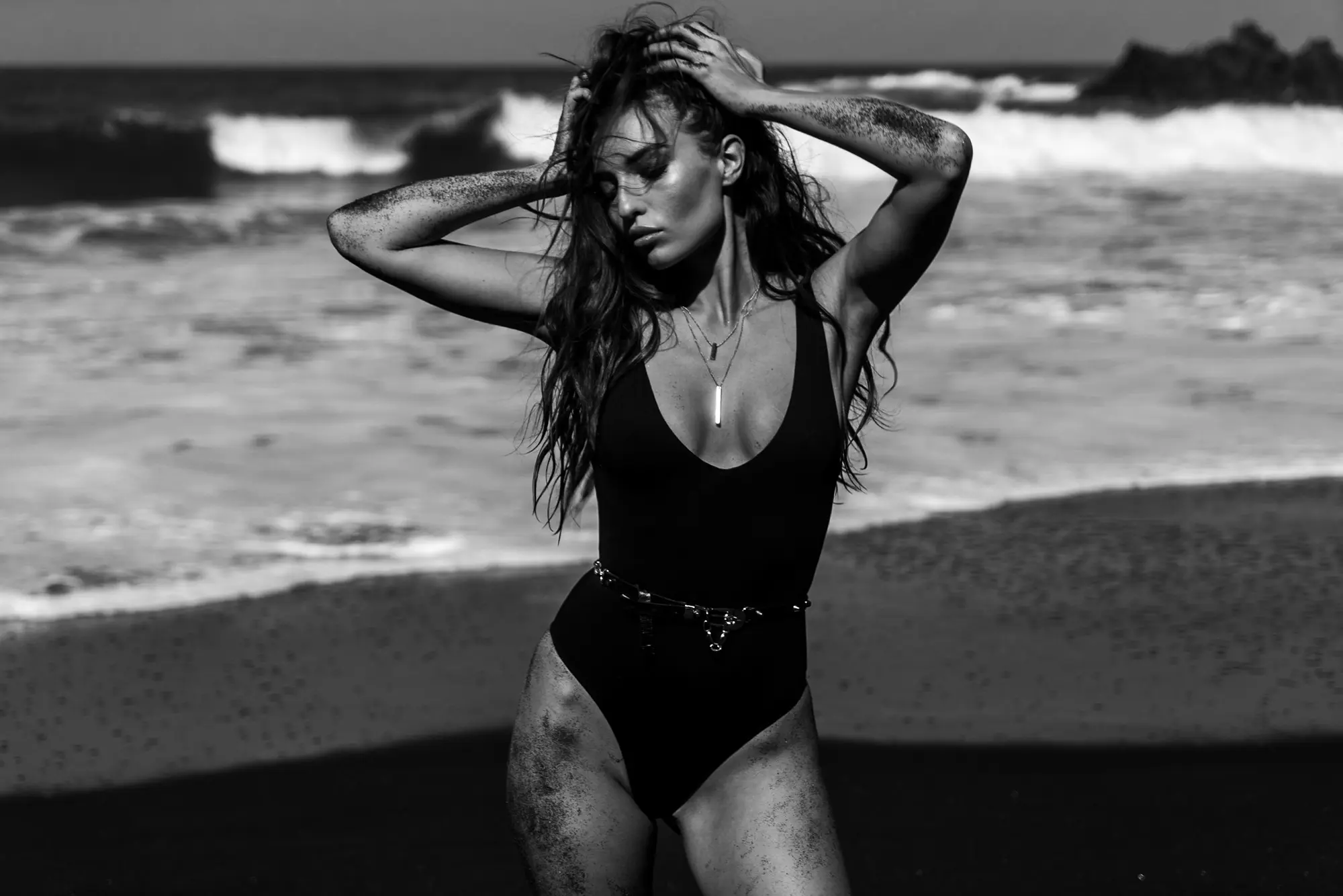 Black & white beach portrait.