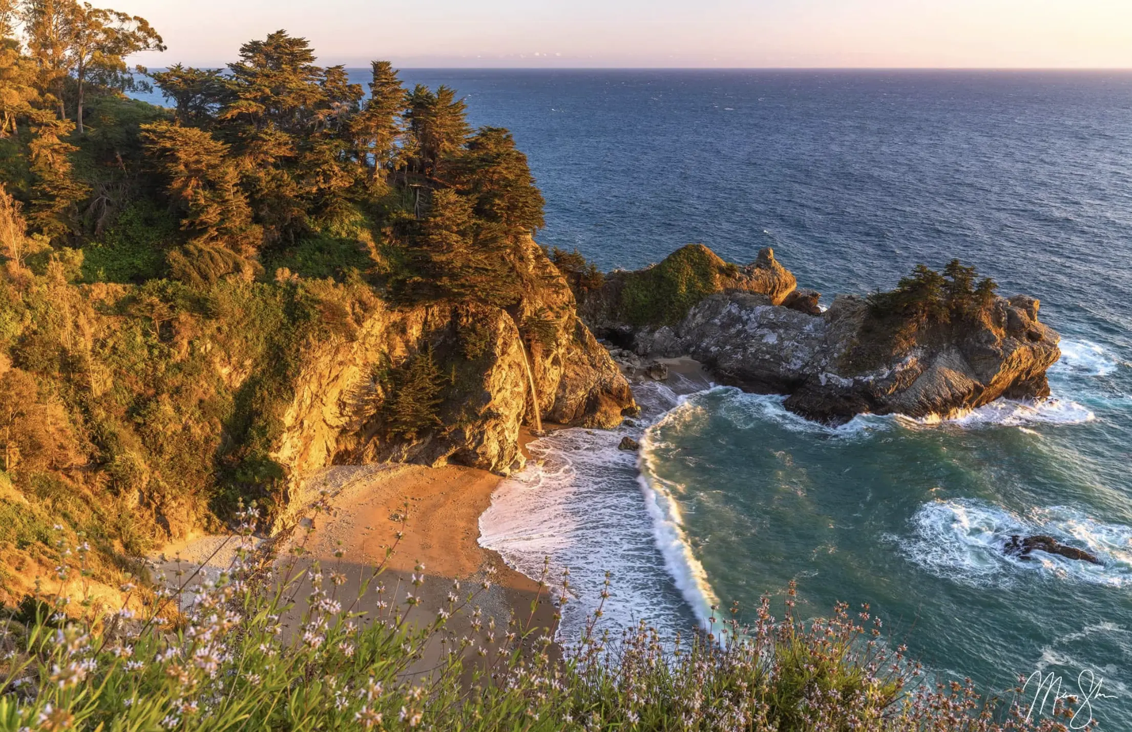 Golden hour view of a rocky coastal cove with cliffs, evergreen trees, and waves curling onto a small sandy beach.
