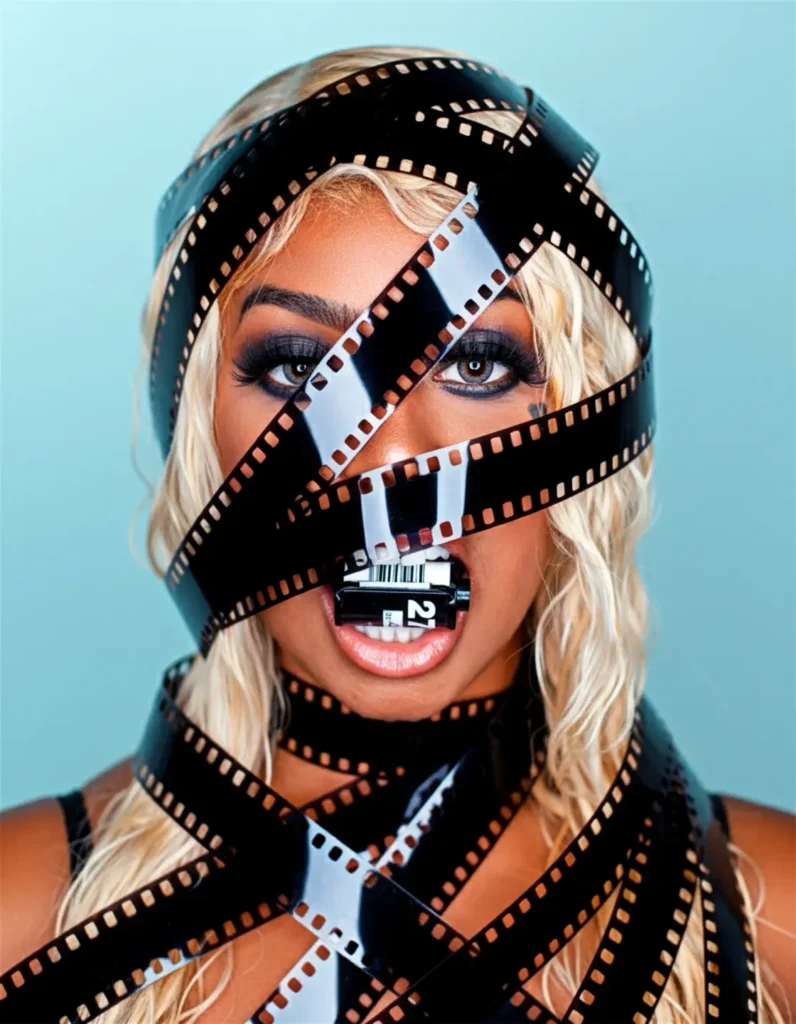 An image of a woman's face wrapped in rolls of camera film.