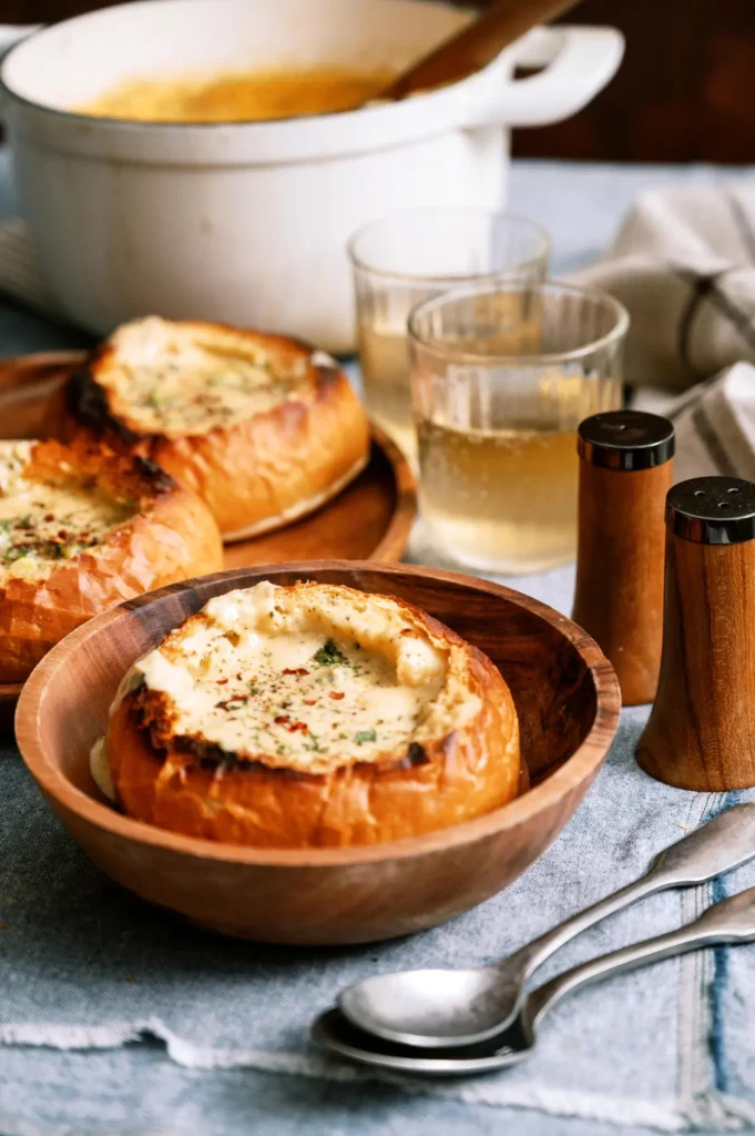 An image of broccoli and cheese soup in a bread bowl photographed by Michele Lee.