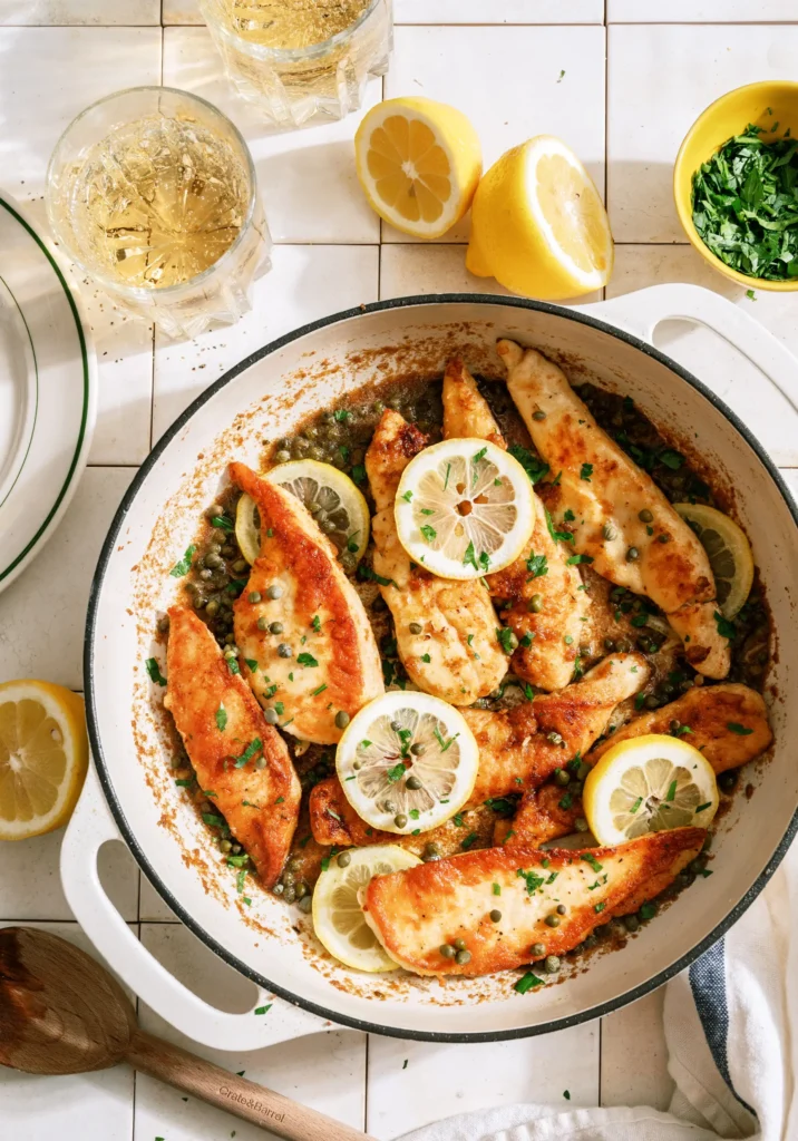 A photograph of chicken piccata by Michele Lee.