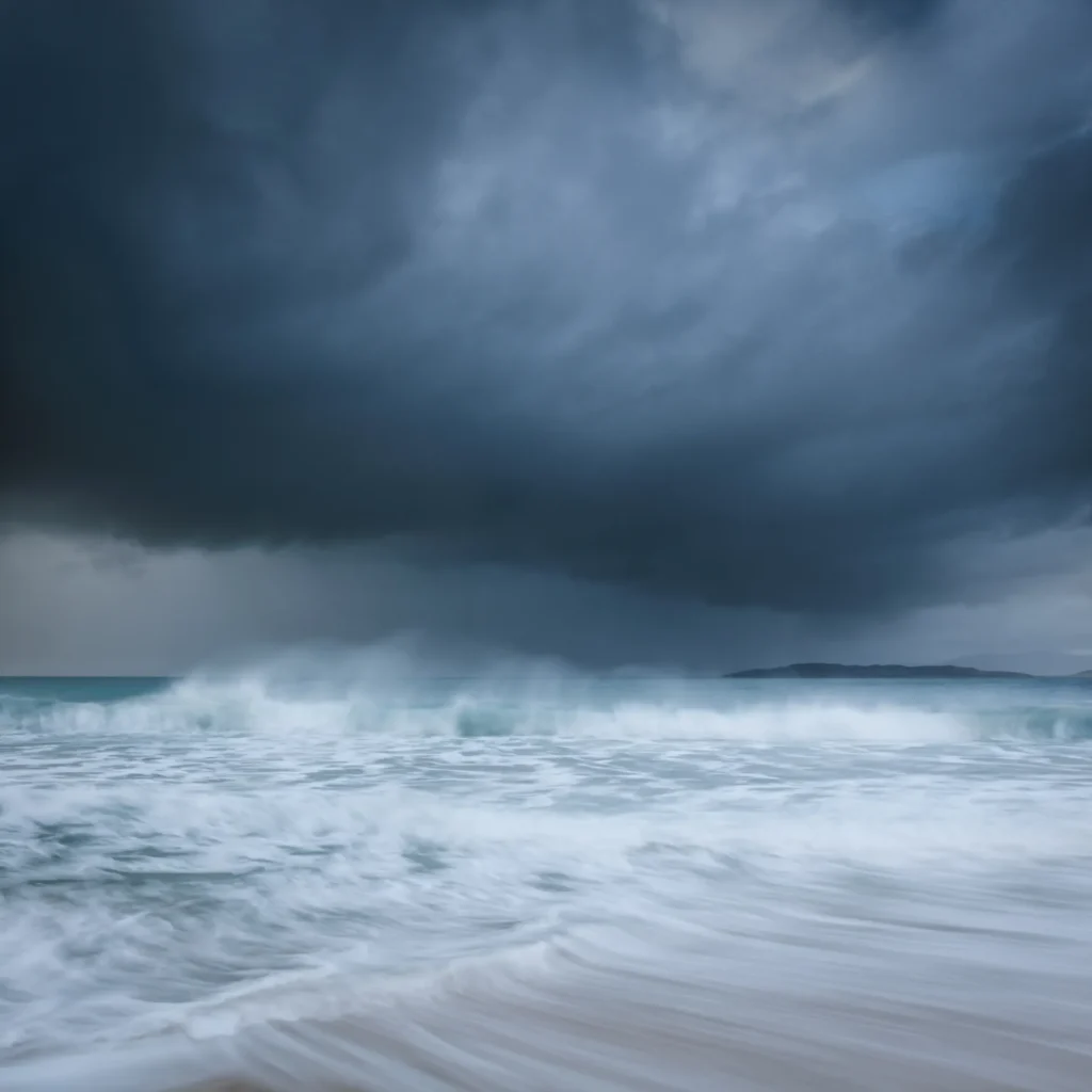 A long exposure image of waves crashing into shore under a stormy sky by Rachael Talibart.