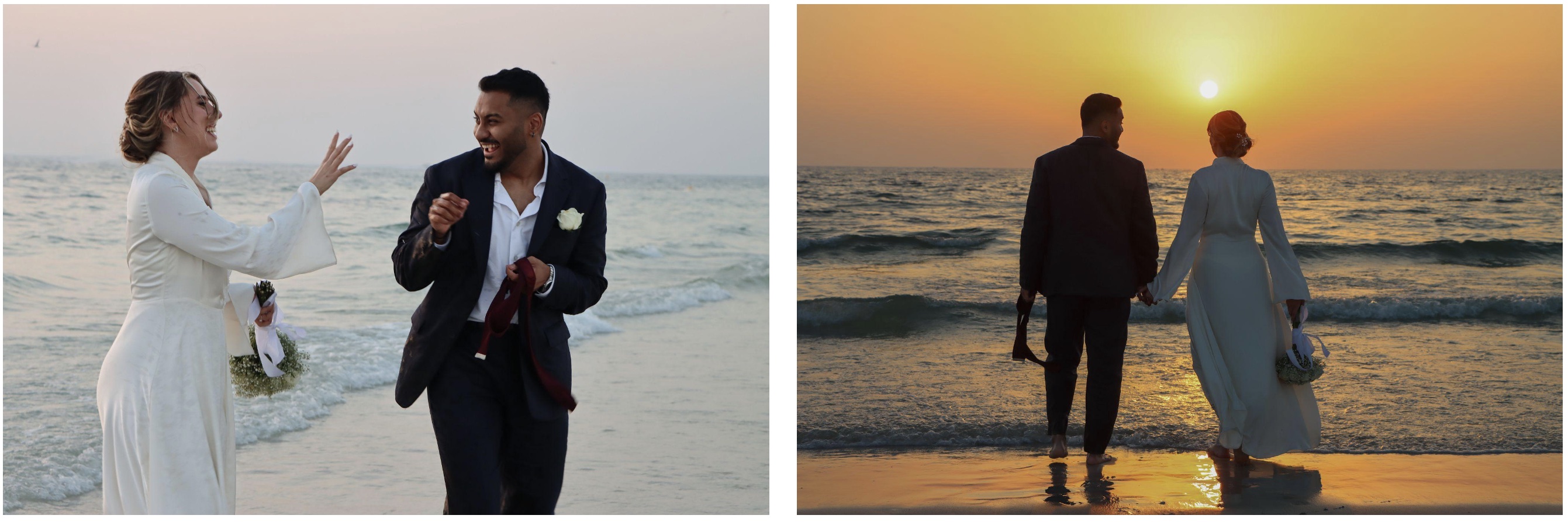 Side-by-side images of a couple during a beach session, showing a candid interaction and laughter (left) and a relaxed walk at sunset (right), capturing natural moments between poses.