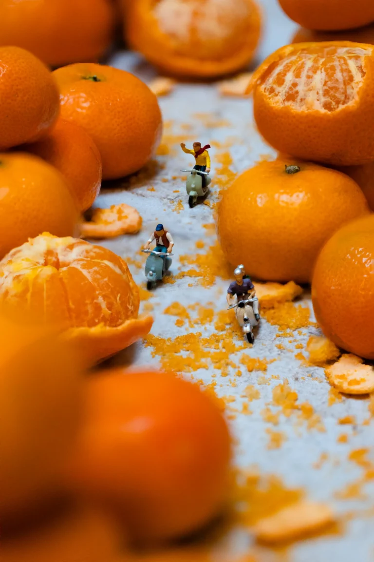 A photograph of tiny plastic figurines driving in a forest of oranges.