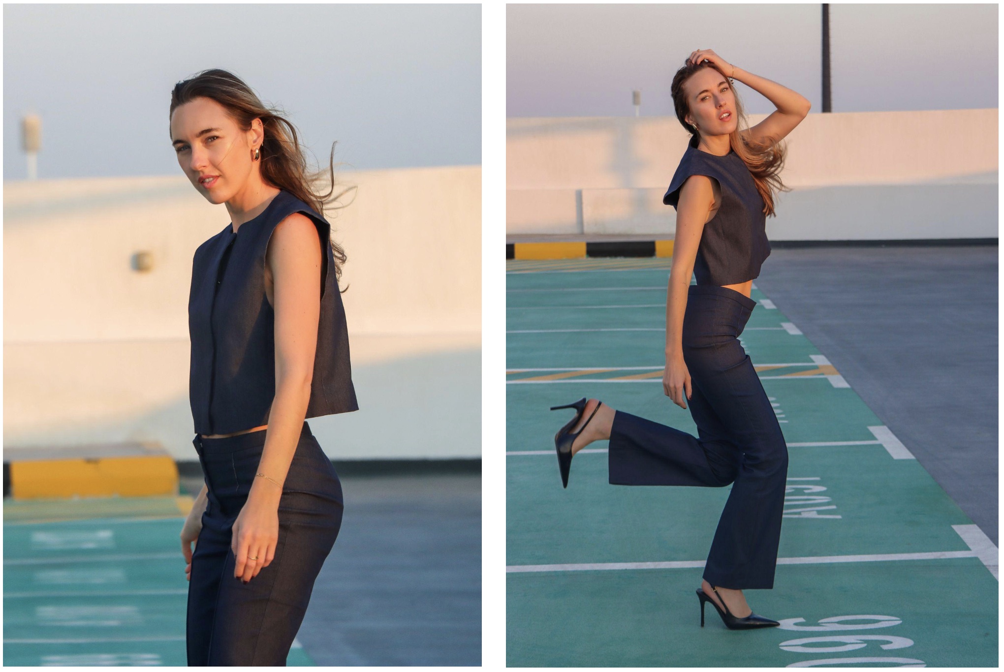 Side-by-side portraits showing a model transitioning from a more controlled, slightly tense pose (left) to a relaxed, confident movement and expression (right) as she becomes comfortable during the session.