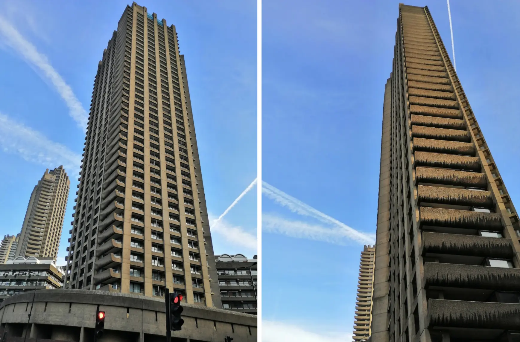 Two shots of the Barbican Estate tower in London from slightly different positions, showing how a small change in viewpoint dramatically alters the compression and drama of converging vertical lines.