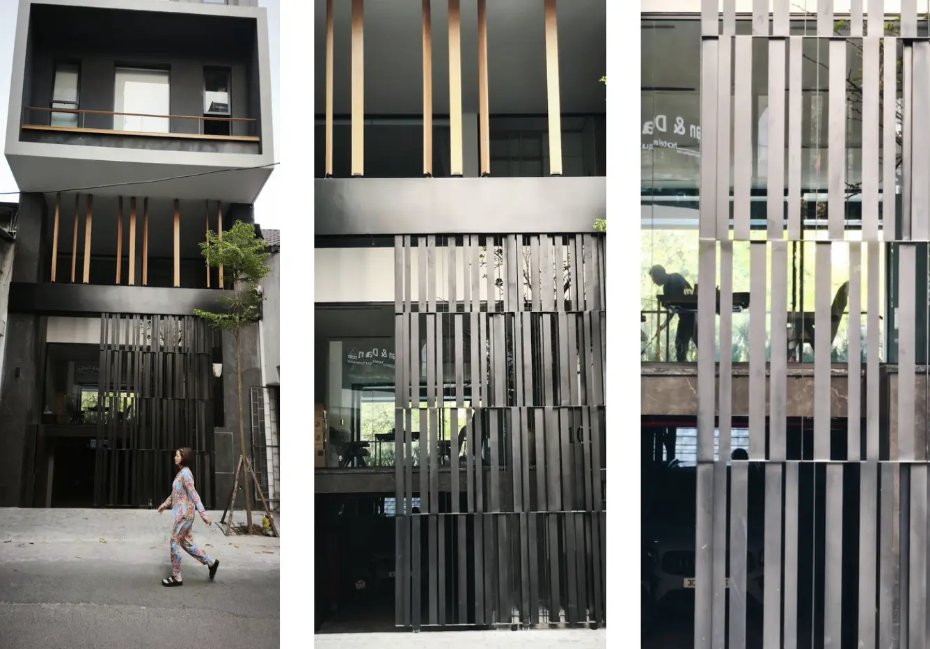 Three-shot progression of a modernist Hanoi facade: wide view with pedestrian showing full building context, closer crop isolating the vertical shutter pattern, and final frame with a cleaner's silhouette adding scale and life to the composition.