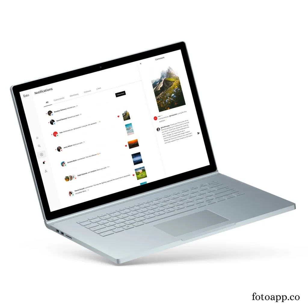 A mockup of the notifications page for the Foto app.