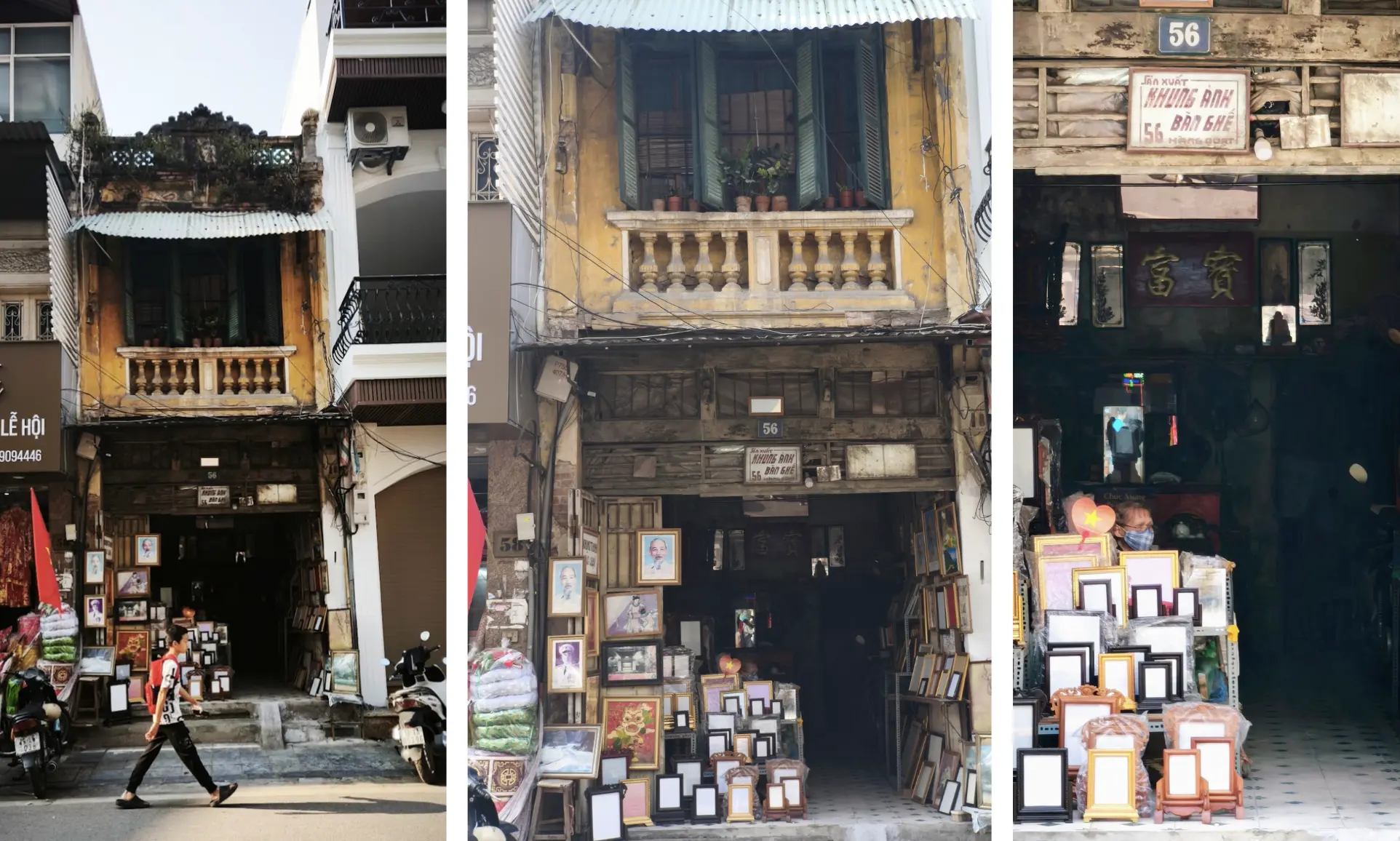 Three-shot progression of a Hanoi Old Quarter shop house: wide street view with competing distractions, closer crop isolating the facade for light, texture, and detail, and final tight frame where the shop owner's face contrasts against the dark interior.