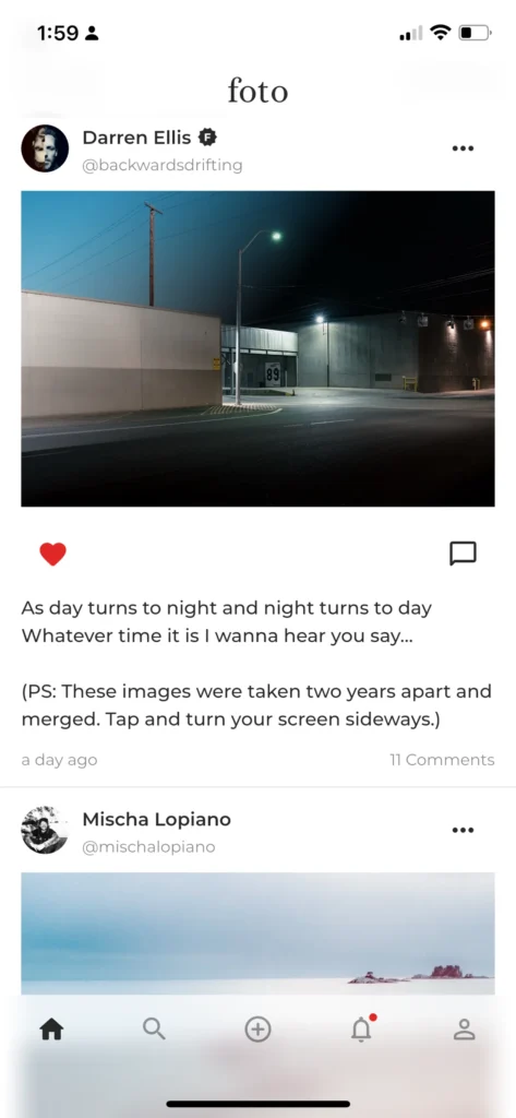 A screenshot of the main feed from the Foto app.