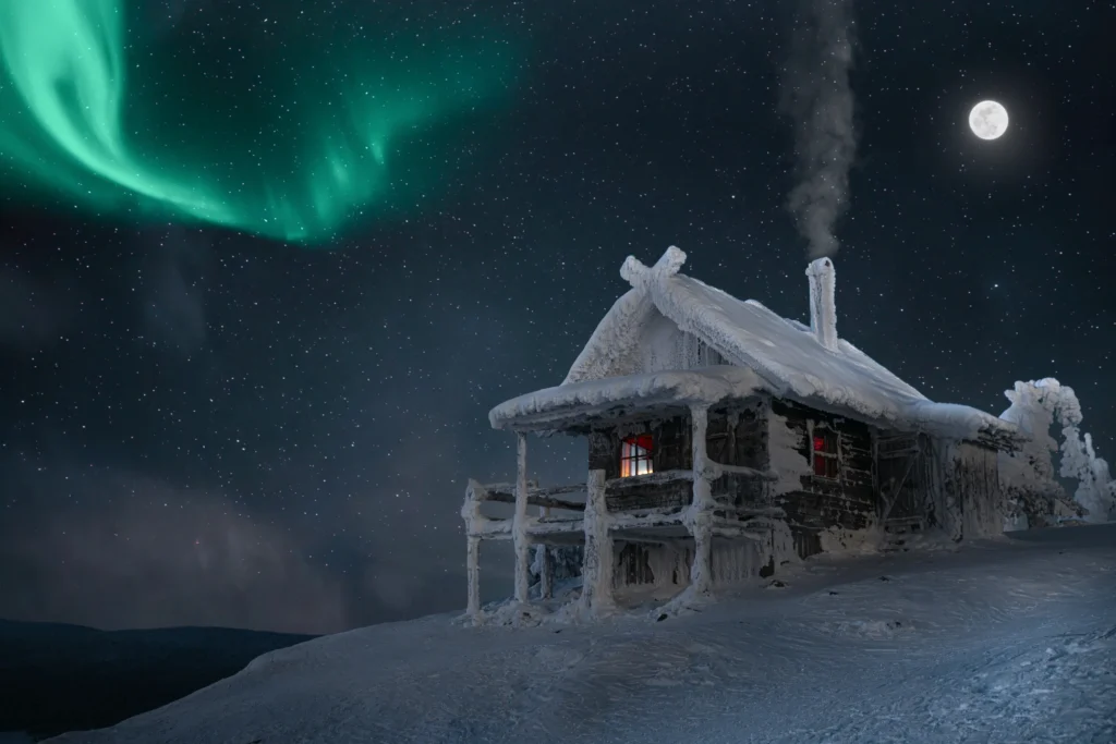 An image of a snowy cabin with northern lights above it by Matti Seppänen