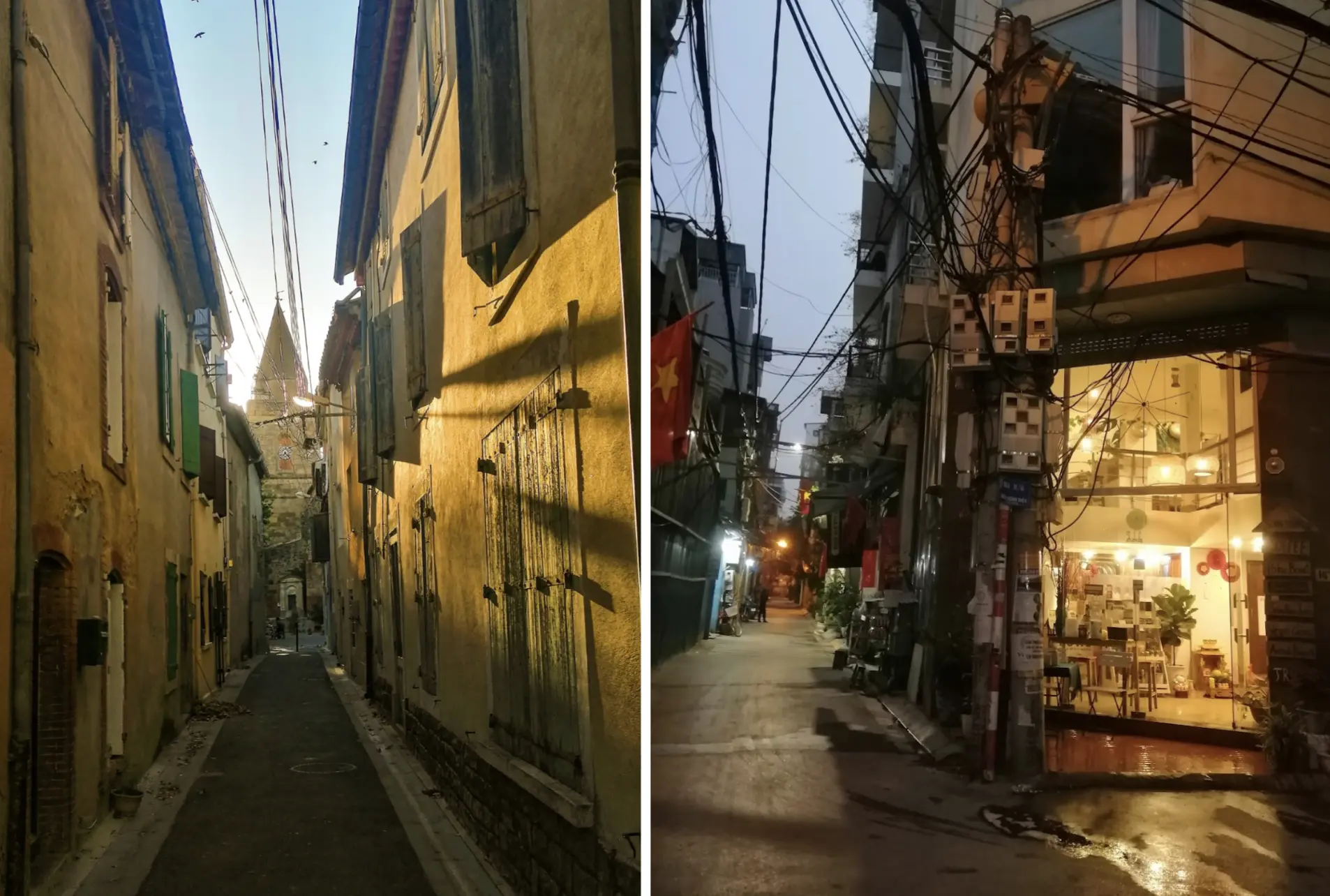 Side by side comparison of a narrow sunlit alley in France and a cluttered night street in Hanoi, Vietnam.