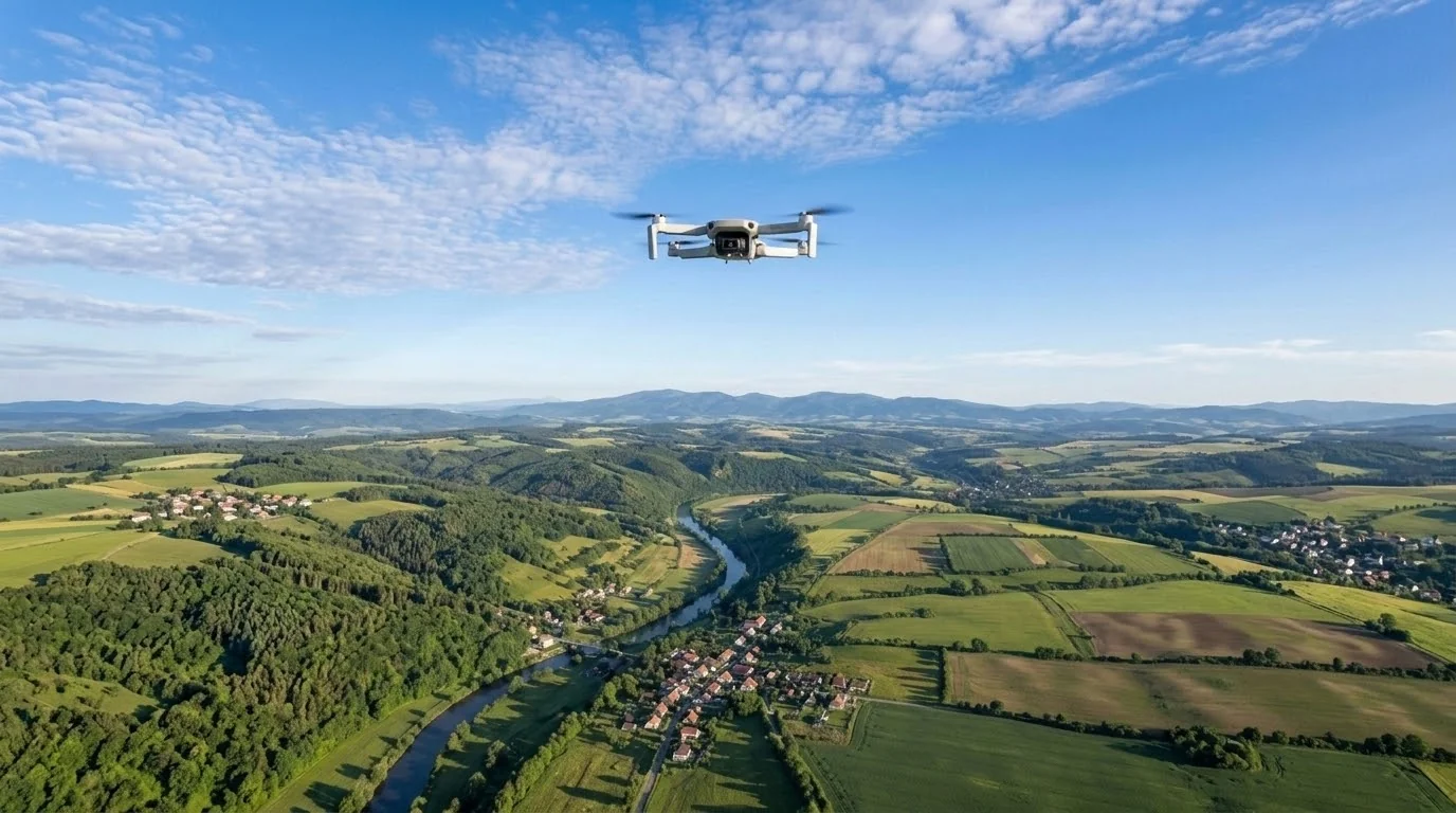 Aerial view of a green valley and winding road with a drone in flight