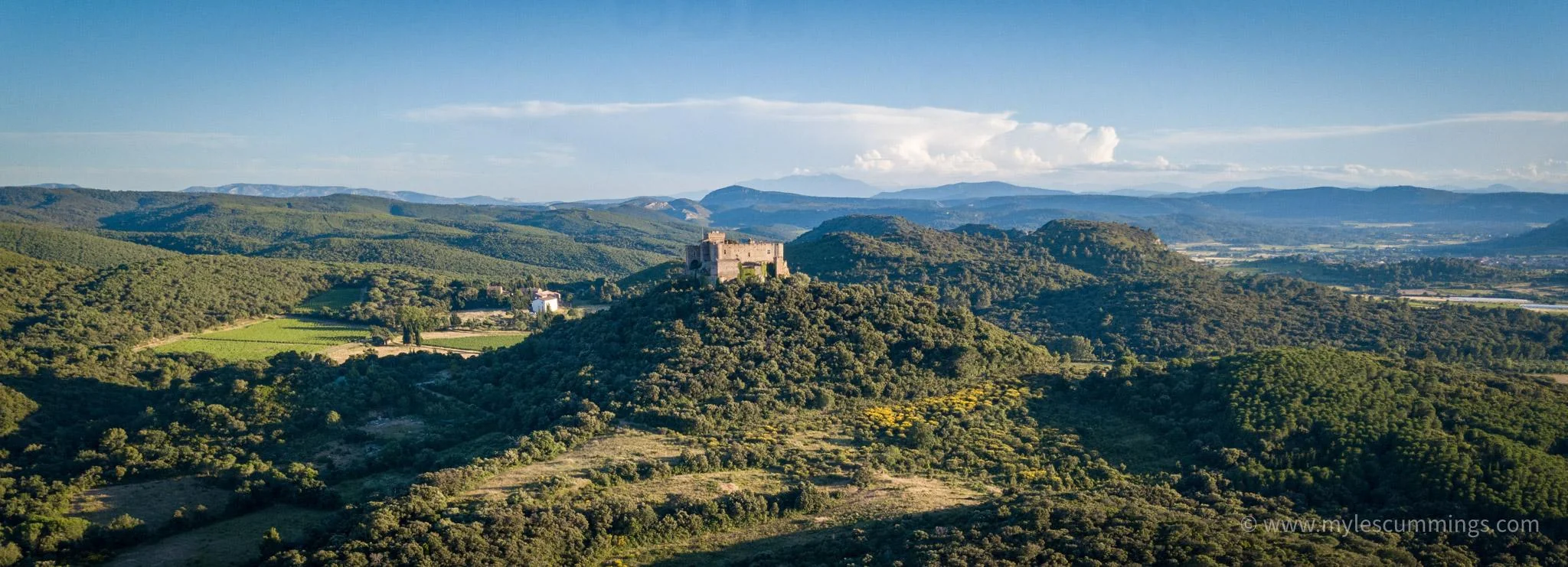 Aerial view of a forested hilltop and surrounding landscape