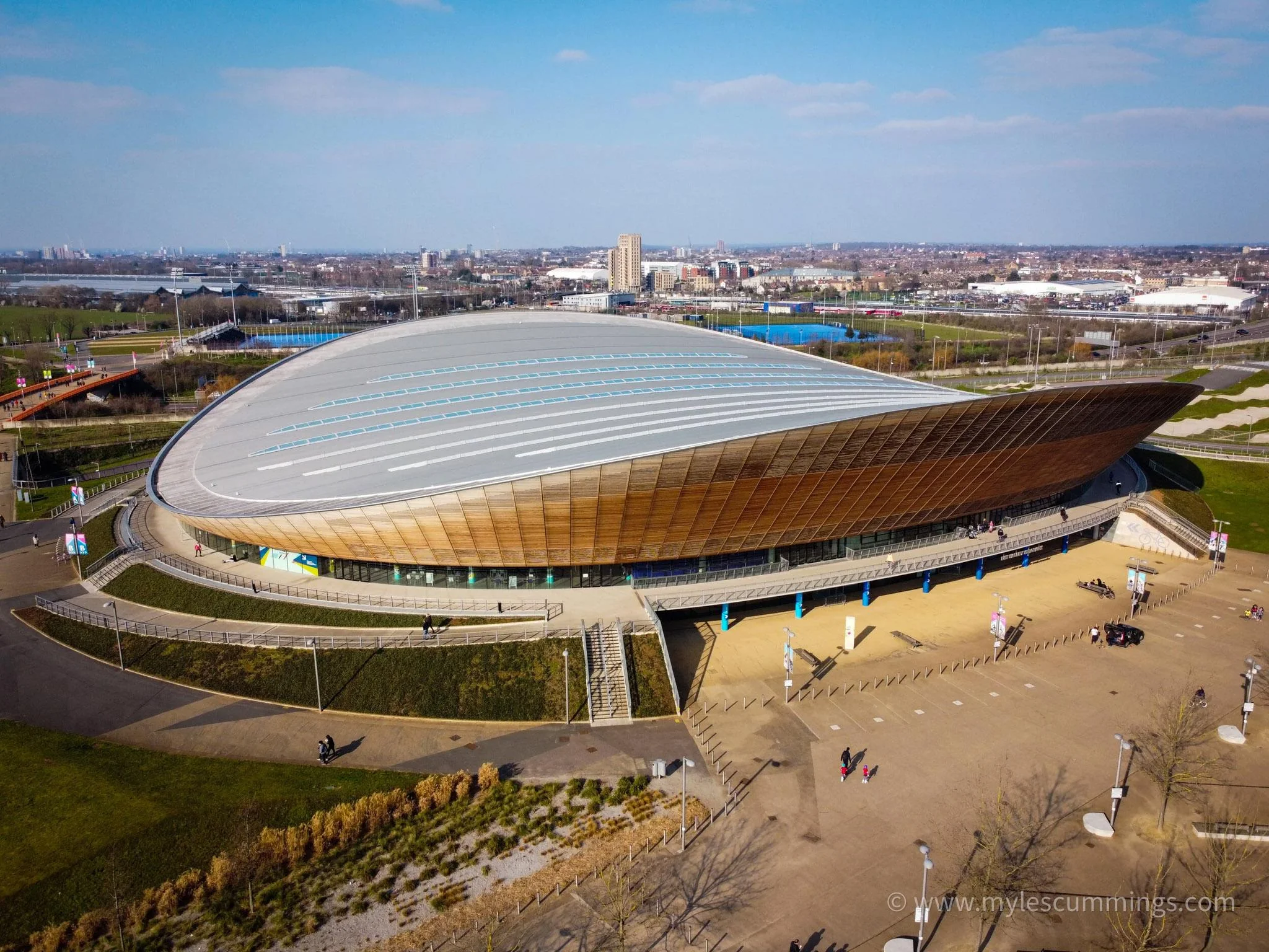 Aerial view of a modern stadium and its surrounding grounds