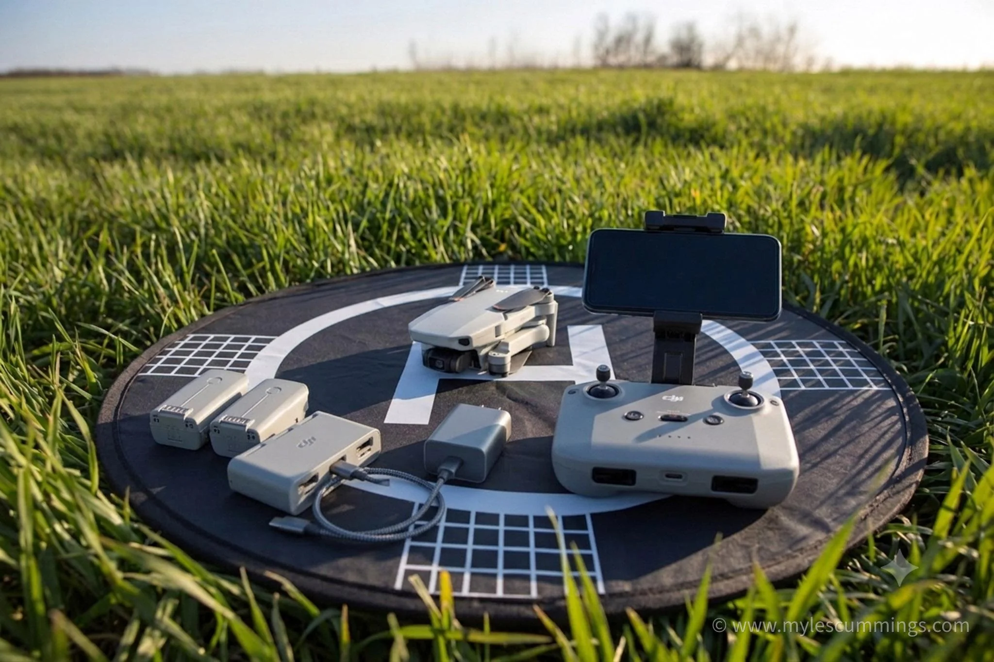 A compact all-in-one consumer camera drone resting on grass
