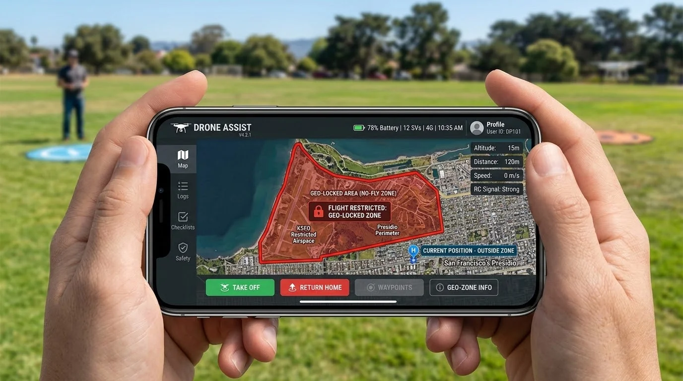 Hands holding a controller showing a flight-zone map app over a green field