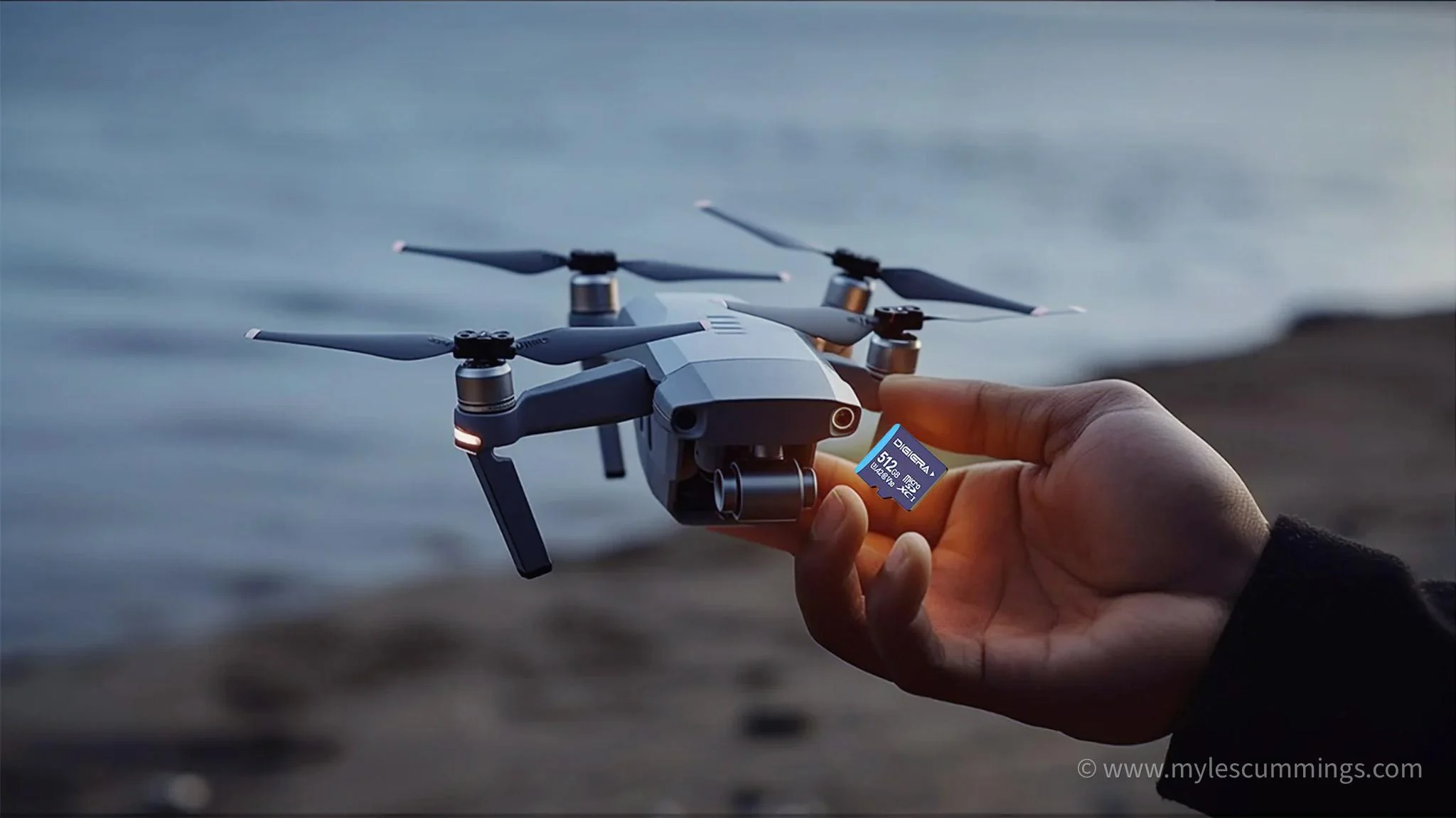 A hand launching a small camera drone, shallow depth of field