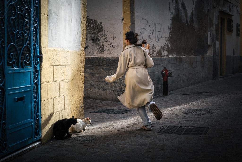 Girl in a beige coat carrying baguettes runs past a blue door and two cats on a sunlit street in Essaouira, Morocco.