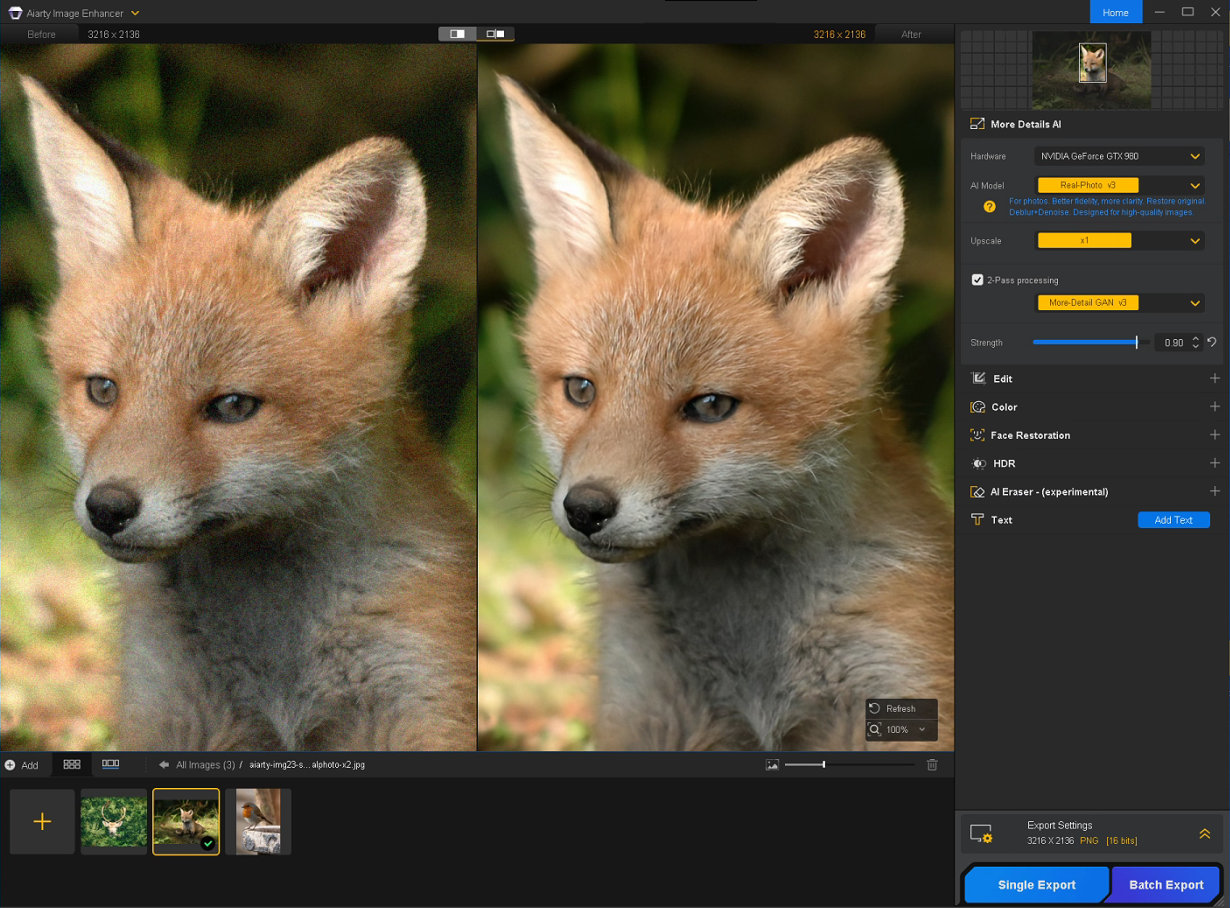 High-ISO fox photo before and after noise reduction with Aiarty Image Enhancer, showing cleaner fur detail