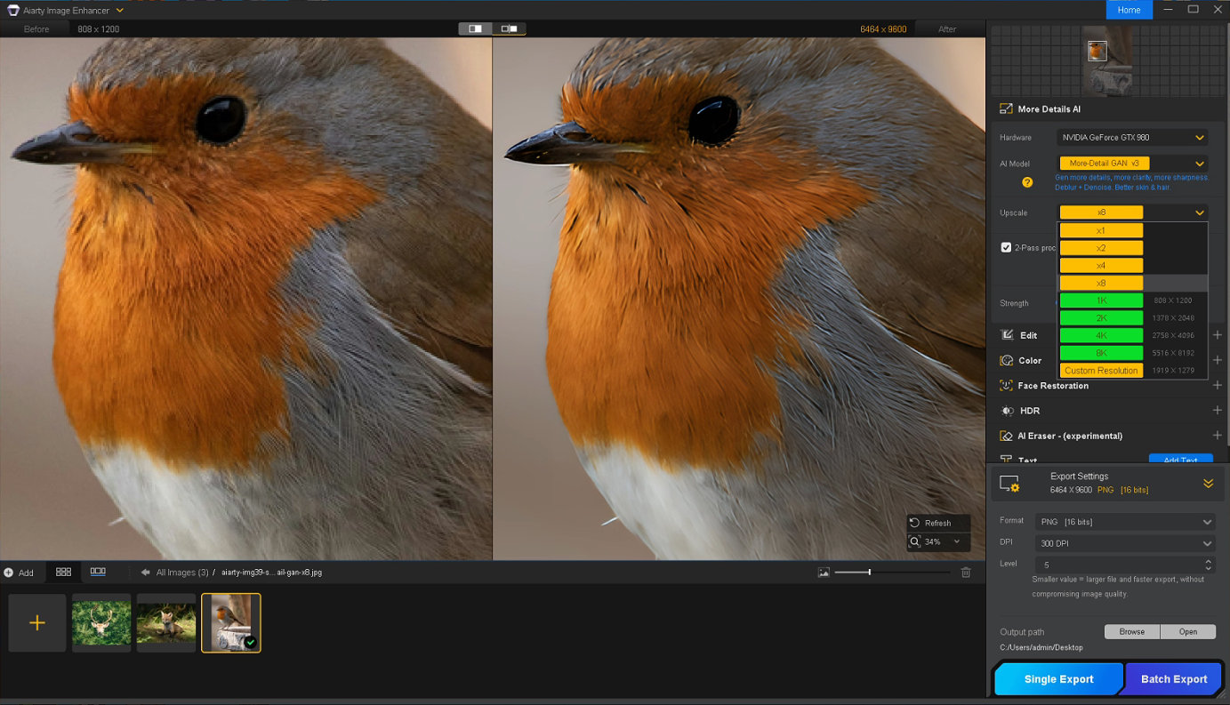 Heavily cropped bird photo upscaled 8x with Aiarty Image Enhancer, revealing sharper feather texture
