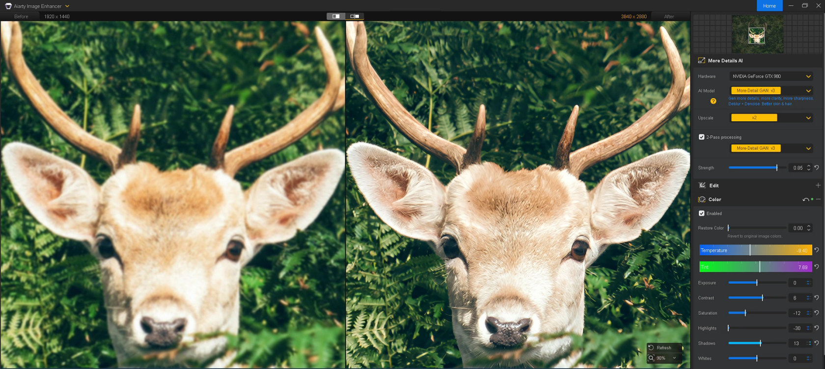 Soft deer photo enhanced with Aiarty Image Enhancer, showing recovered detail around the eyes and antlers